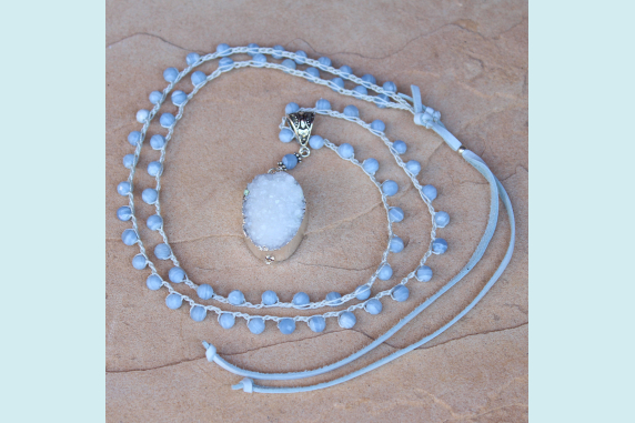 Crocheted Necklace of Blue Lace Agate Gemstone Beads and White Gold Druzy Pendan