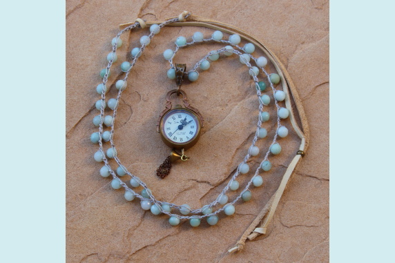 Crocheted Necklace of Amazonite Beads and Bronze Mechanical Clock Pendant