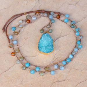 Crocheted Necklace of Aqua Agate Beads and Gold Druzy Pendant