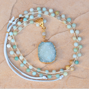 Crocheted Necklace of Amazonite Beads and Gold Duzy Pendant