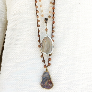 Crocheted Necklaces of Moonstone Beads and Druzy Pendants