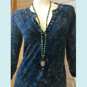 Felicia necklace with Moss Opal gemstone beads and clock pendant