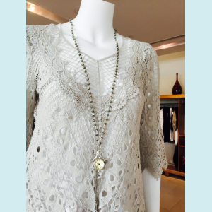 Crocheted necklace or 5x wrap bracelet of fresh water pearls and clock pendant