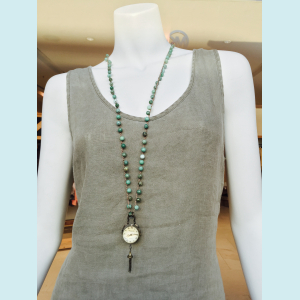 Felicia - Crocheted necklace of moss opal gemstone beads and a brass clock pendant 